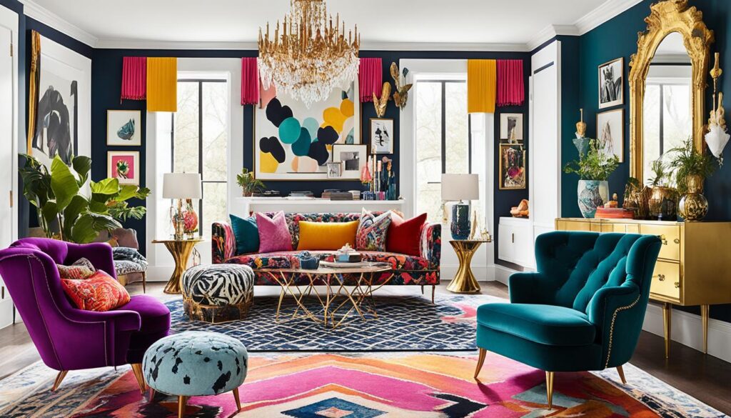 Eclectic furniture in maximalist decor