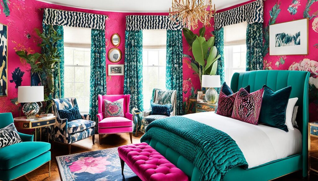 Mixed textures in eclectic maximalist bedroom