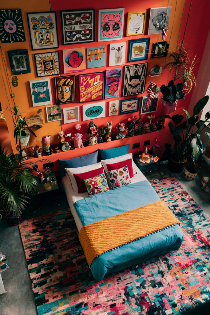 an eclectic maximalist bedroom showcasing bold color palettes