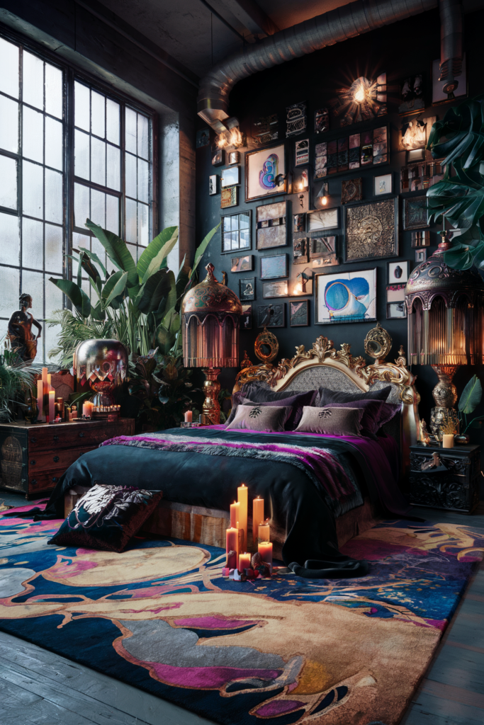 a luxurious eclectic maximalist bedroom showcasing painted rug with abstract patterns