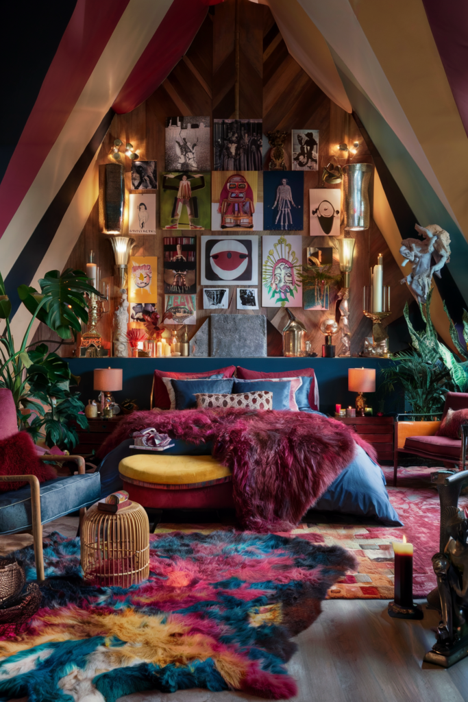 eclectic maximalist bedroom showcasing layered lighting 