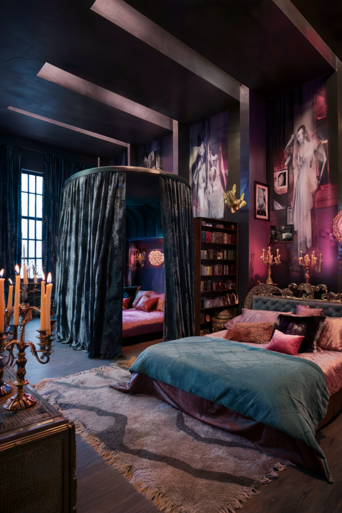 an eclectic maximalist bedroom showcasing a cozy private nook  