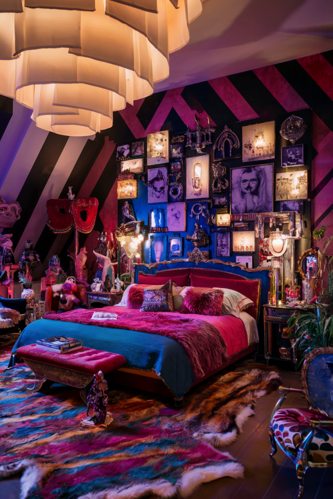 an eclectic maximalist bedroom showcasing layered patterns and textures