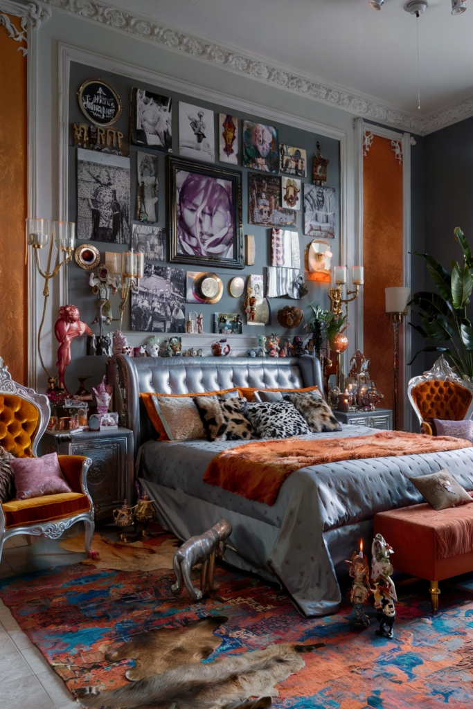 an eclectic maximalist bedroom showcasing curated art wall gallery