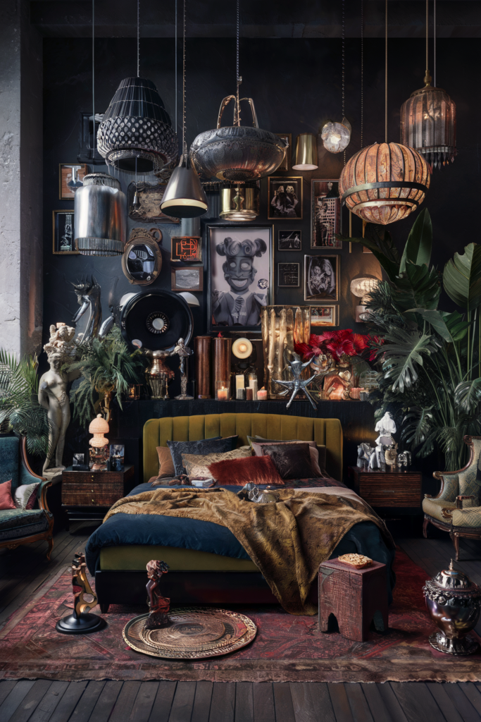 an eclecic maximalist bedroom showcasing unique lamp shades