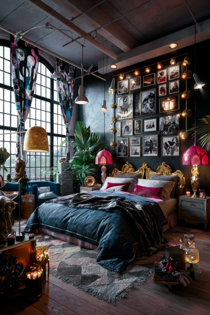 an eclectic maximalist bedroom showcasing layered lighting 