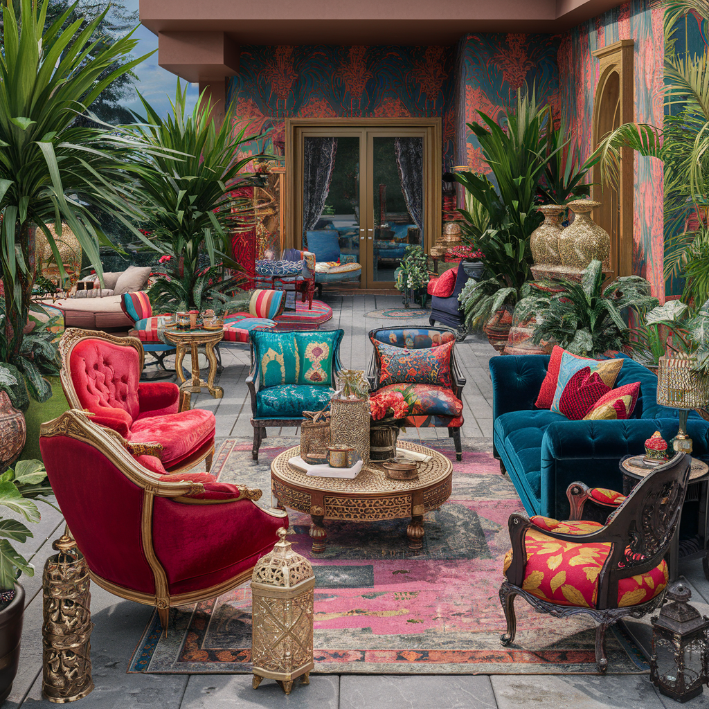 an eclecti maximalist outdoor patio