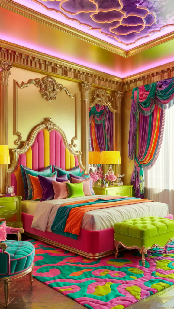 an eclectic maximalist bedroom in neon palette