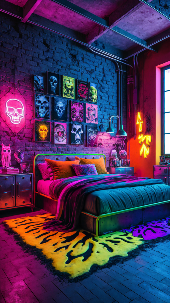 an eclectic maximalist bedroom with neon industrial palette