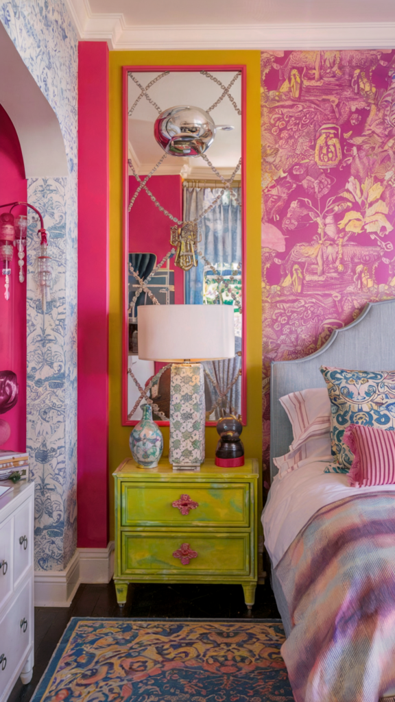 an eclectic maximalist bedroom with coastal and french cottage styles