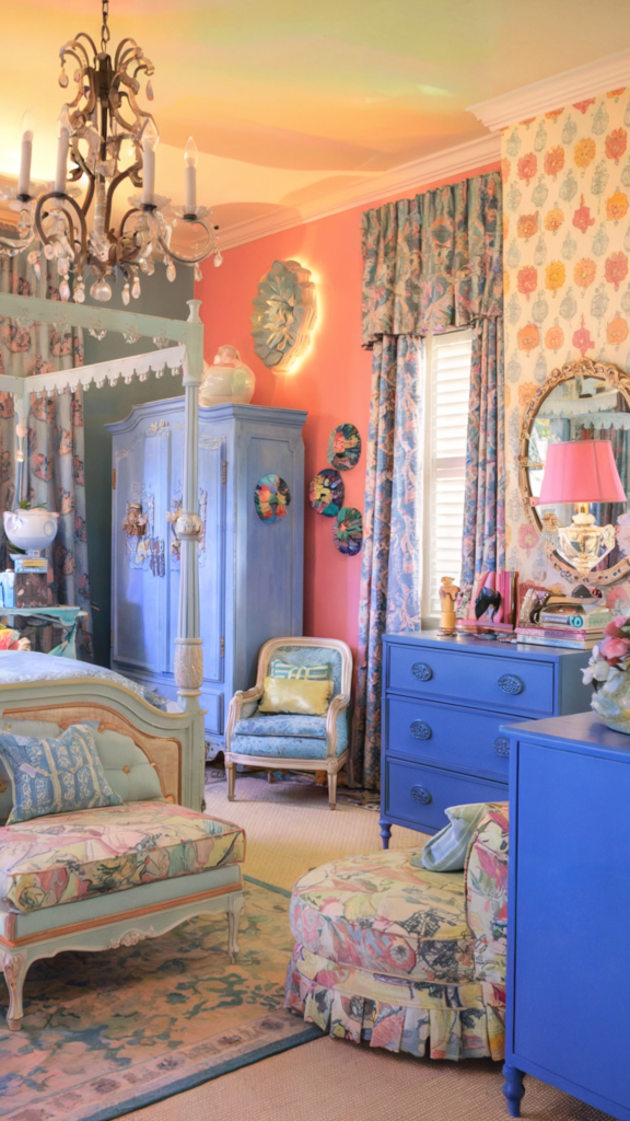 an eclectic maximalist bedroom with coastal and french cottage styles