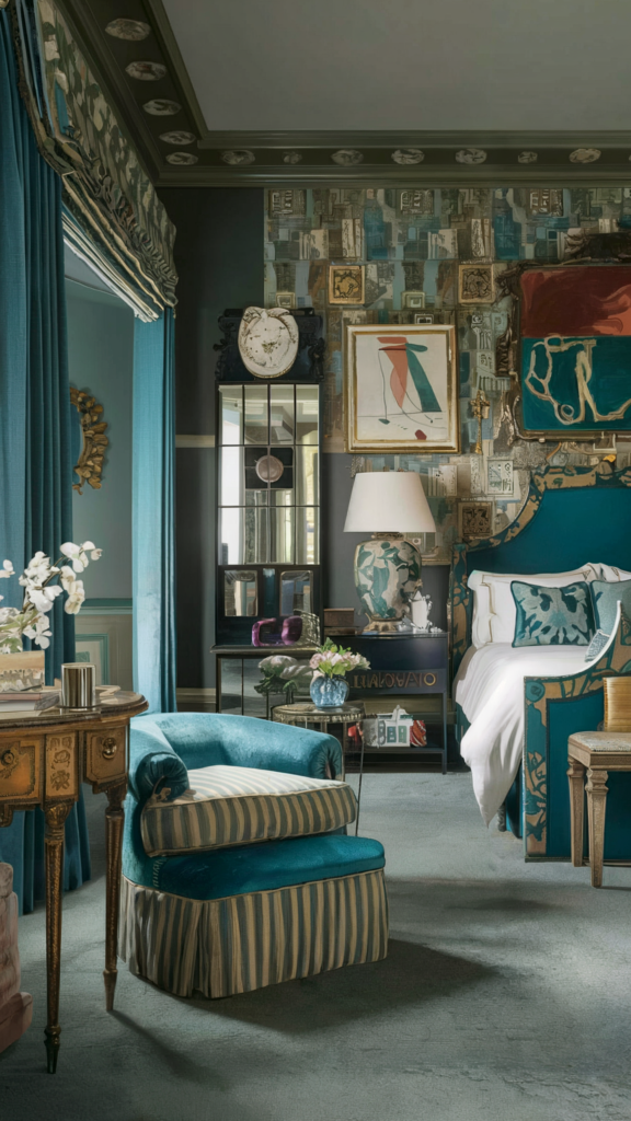 an eclectic maximalist bedroom with coastal and french cottage styles