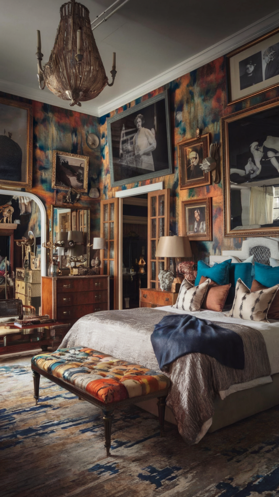 an eclectic maximalist bedroom with coastal and french cottage styles