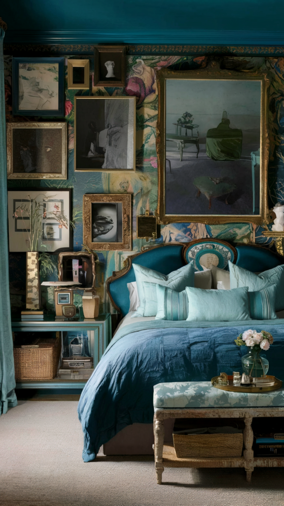 an eclectic maximalist bedroom with coastal and french cottage styles