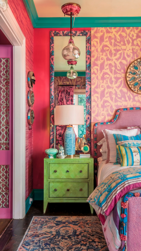 an eclectic maximalist bedroom with coastal and french cottage styles