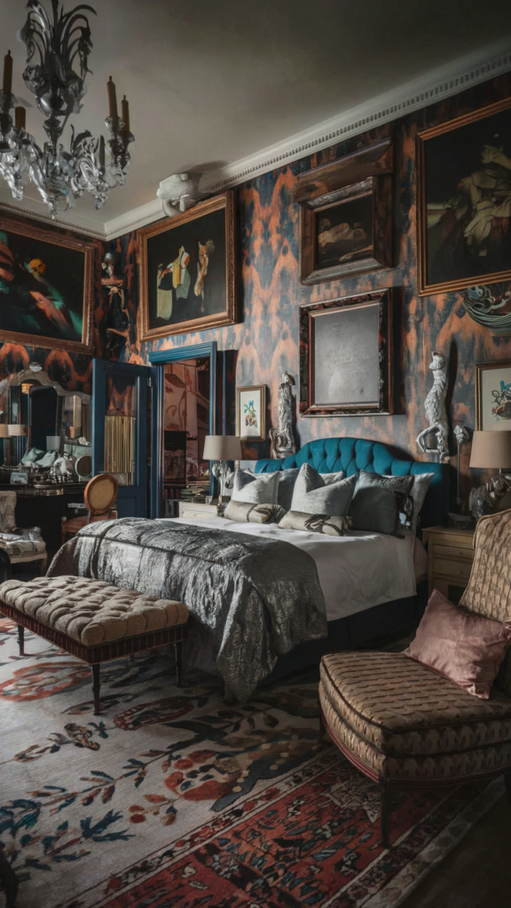 an eclectic maximalist bedroom with coastal and french cottage styles