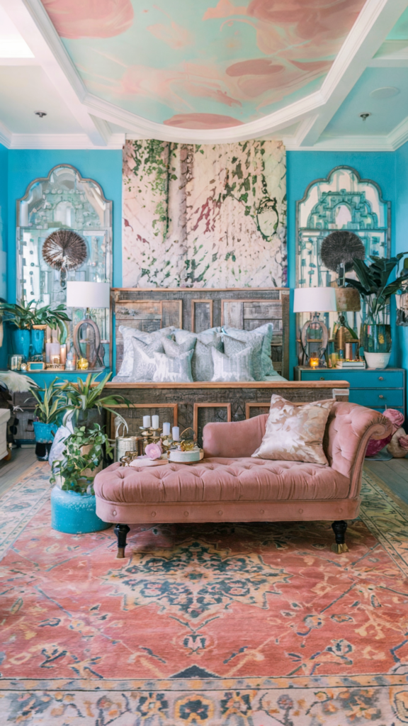 an eclectic maximalist bedroom with coastal and french cottage styles