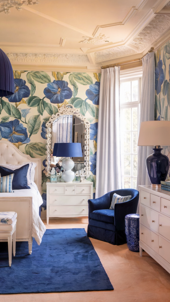 an eclectic maximalist bedroom with coastal and french cottage styles