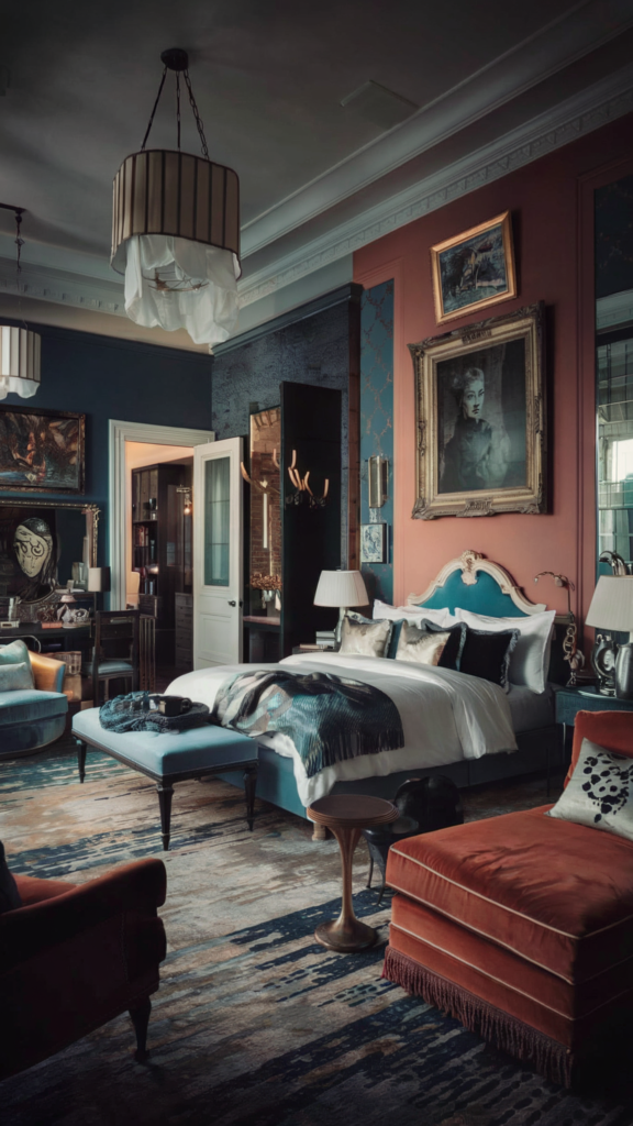 an eclectic maximalist bedroom with coastal and french cottage styles