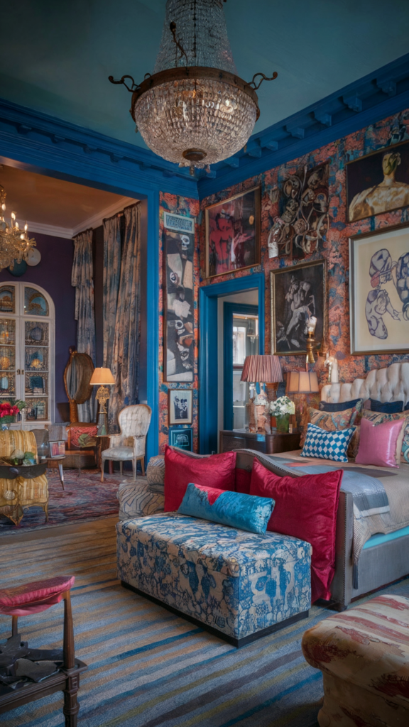 an eclectic maximalist bedroom with coastal and french cottage styles