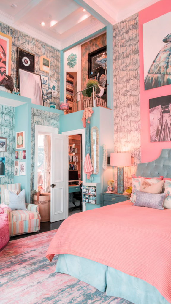 an eclectic maximalist bedroom with coastal and french cottage styles