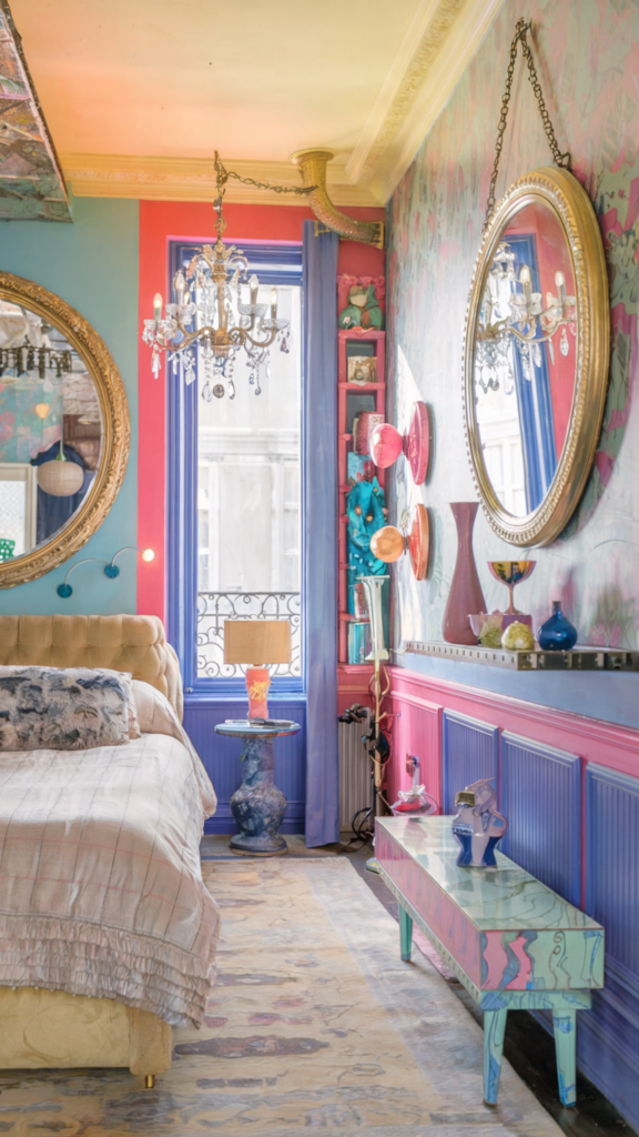 an eclectic maximalist bedroom with coastal and french cottage styles