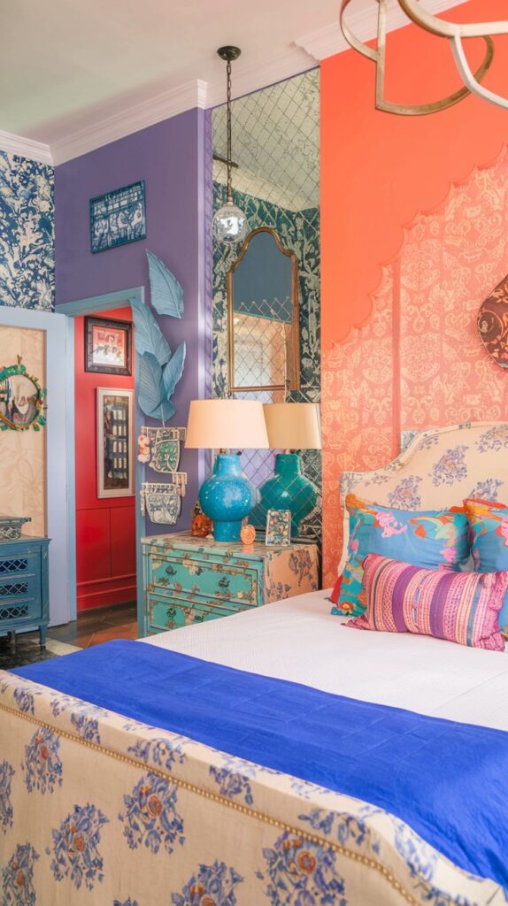 an eclectic maximalist bedroom with coastal and french cottage styles