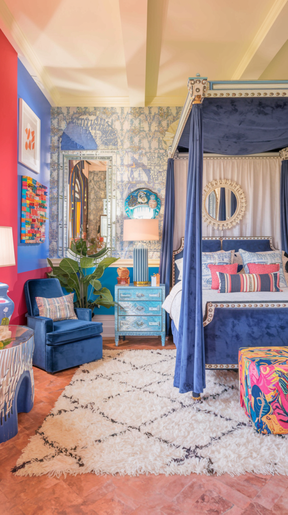 an eclectic maximalist bedroom with coastal and french cottage styles