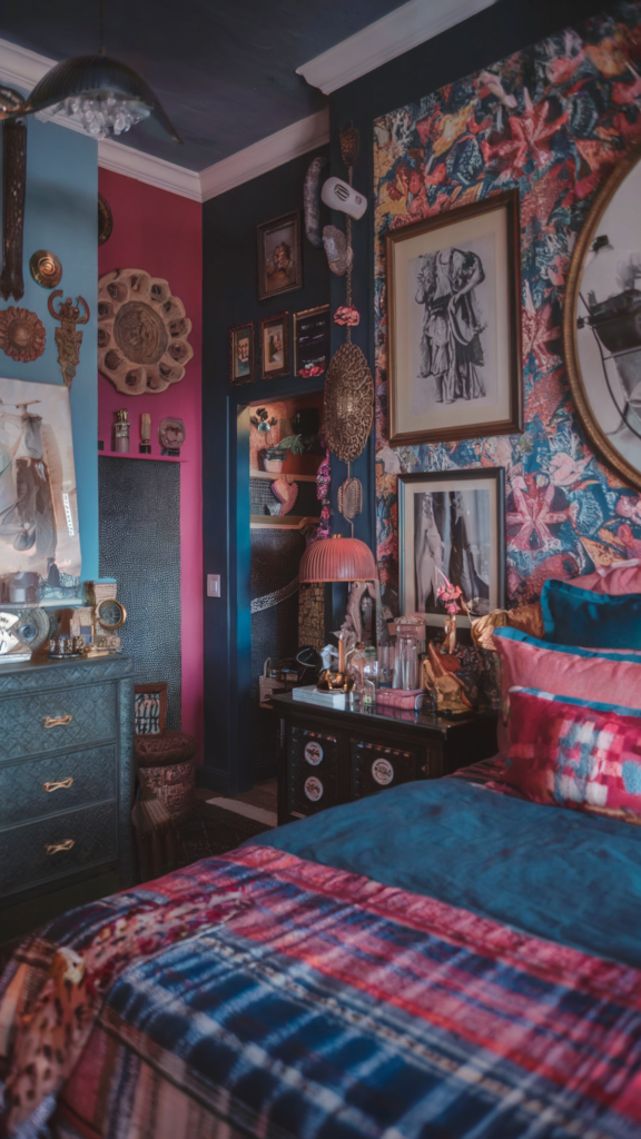 an eclectic maximalist bedroom with coastal and french cottage styles