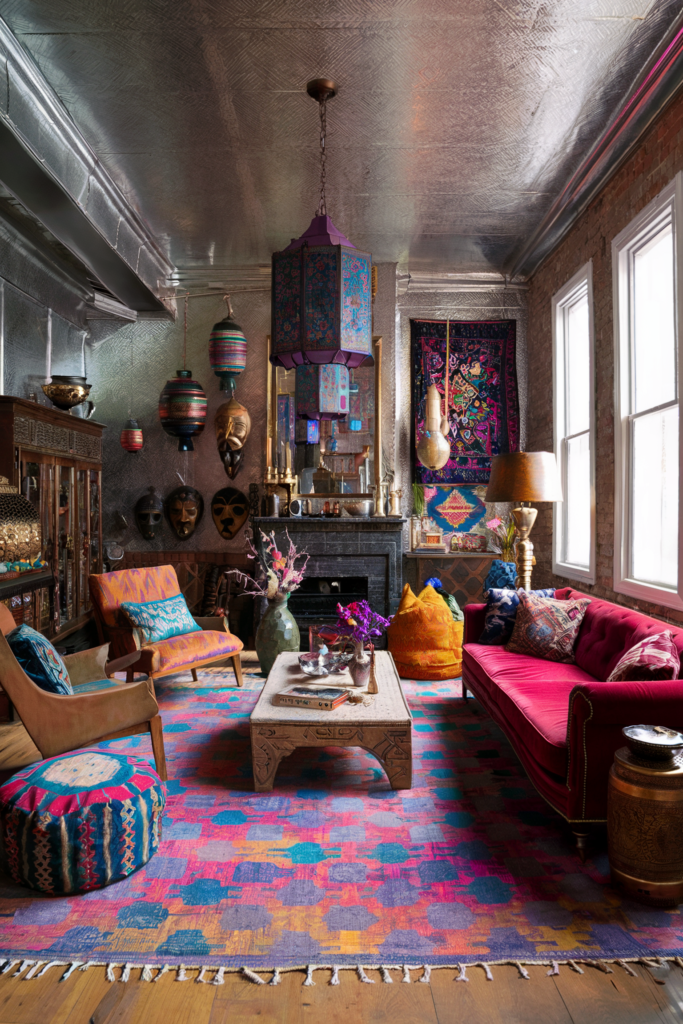 an eclectic maximalist living room