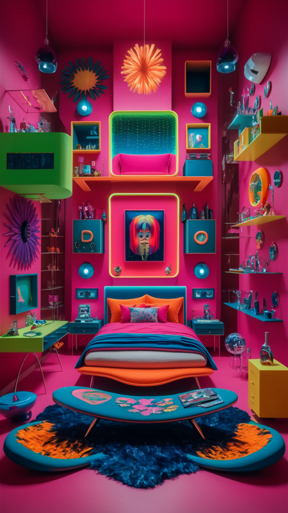 an eclectic maximalist bedroom with neon palette 