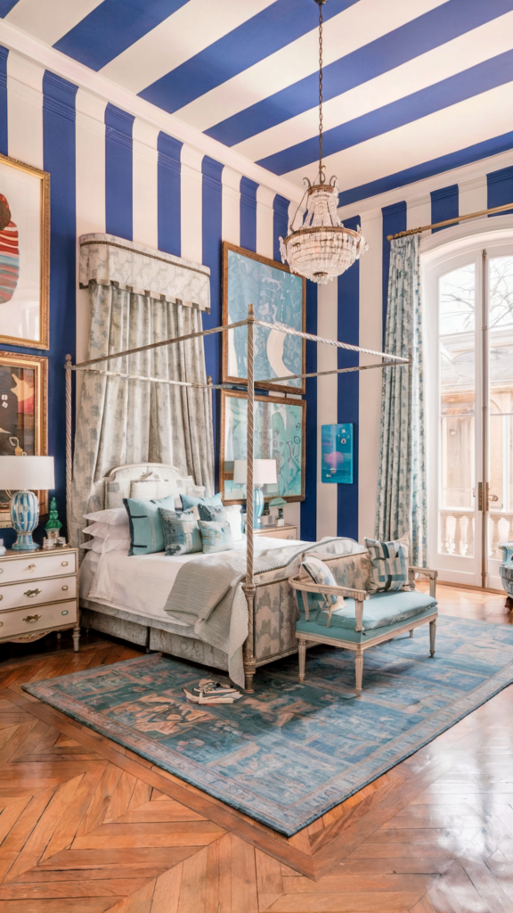 an eclectic maximalist bedroom with coastal and french cottage styles