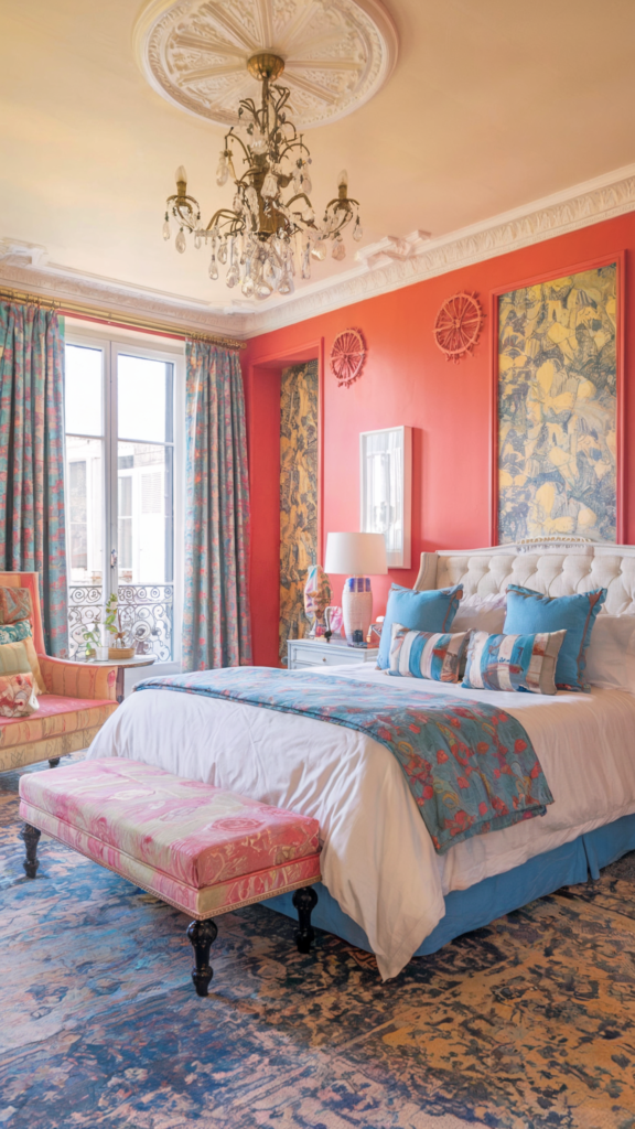 an eclectic maximalist bedroom with coastal and french cottage styles