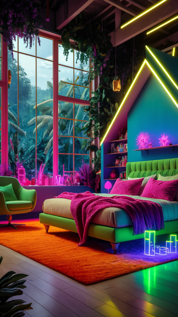 an eclectic maximalist bedroom with neon palette