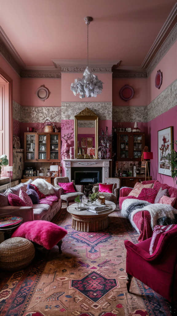 an eclectic maximalist living room with pink palettes