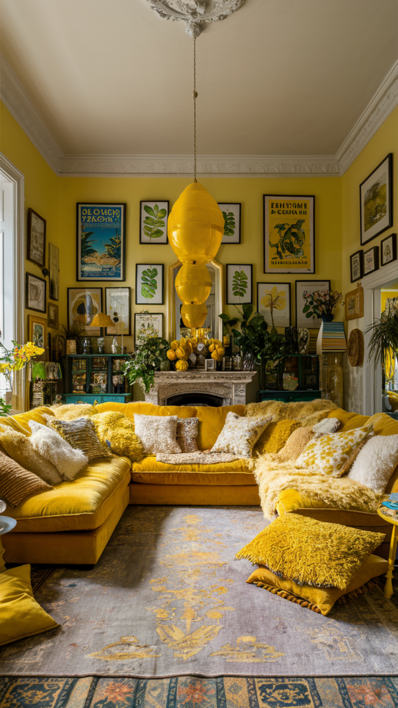 an eclectic maximalist living room with yellow palettes