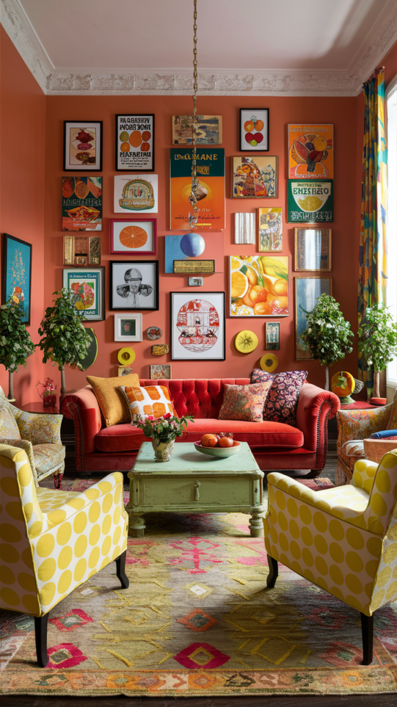 an eclectic maximalist living room