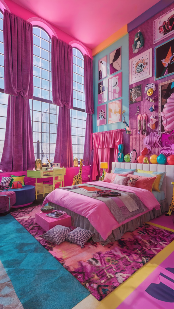 an eclectic maximalist bedroom with neon palettes