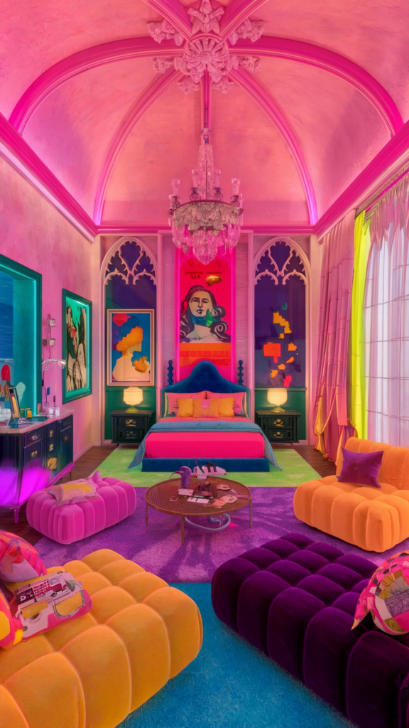 an eclectic maximalist bedroom with neon palettes