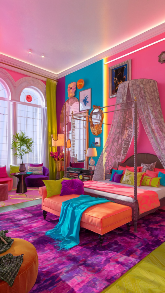 an eclectic maximalist bedroom with neon palette