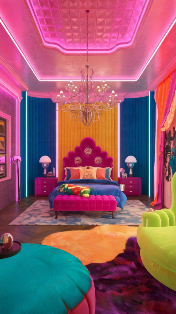 an eclectic maximalist bedroom with neon palette