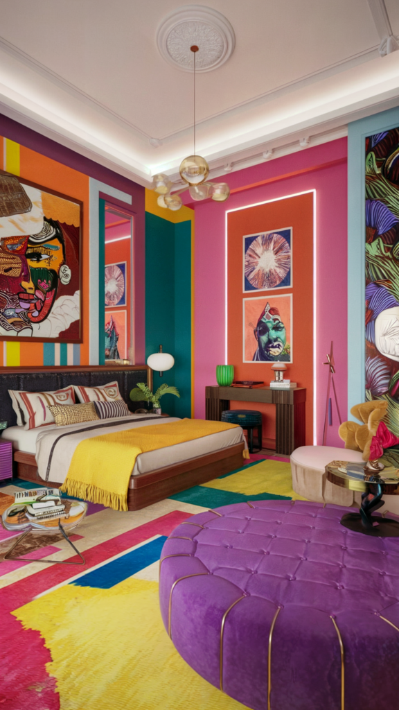 an eclectic maximalist bedroom with neon global palettes 