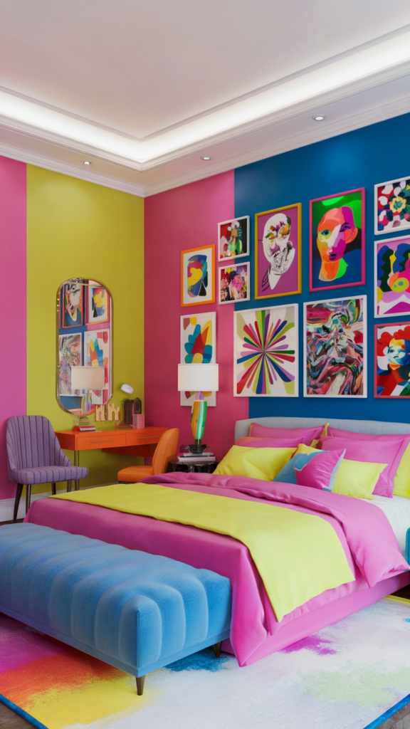 an eclectic maximalist bedroom with neon palette