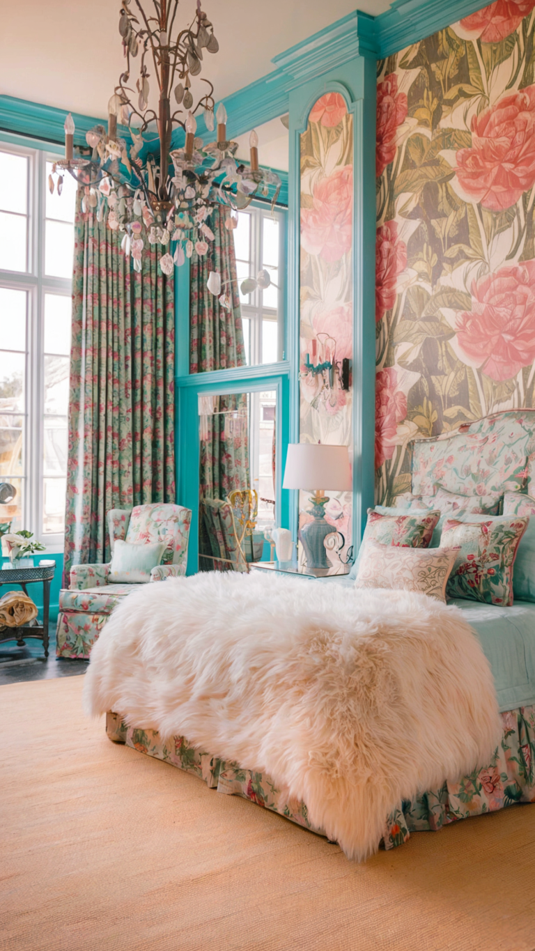 an eclectic maximalist bedroom with coastal and french cottage styles