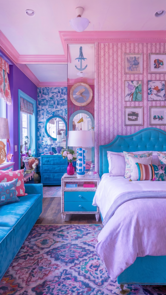 an eclectic maximalist bedroom with coastal and french cottage styles