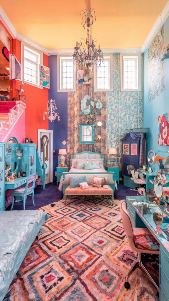 an eclectic maximalist bedroom with coastal and french cottage styles