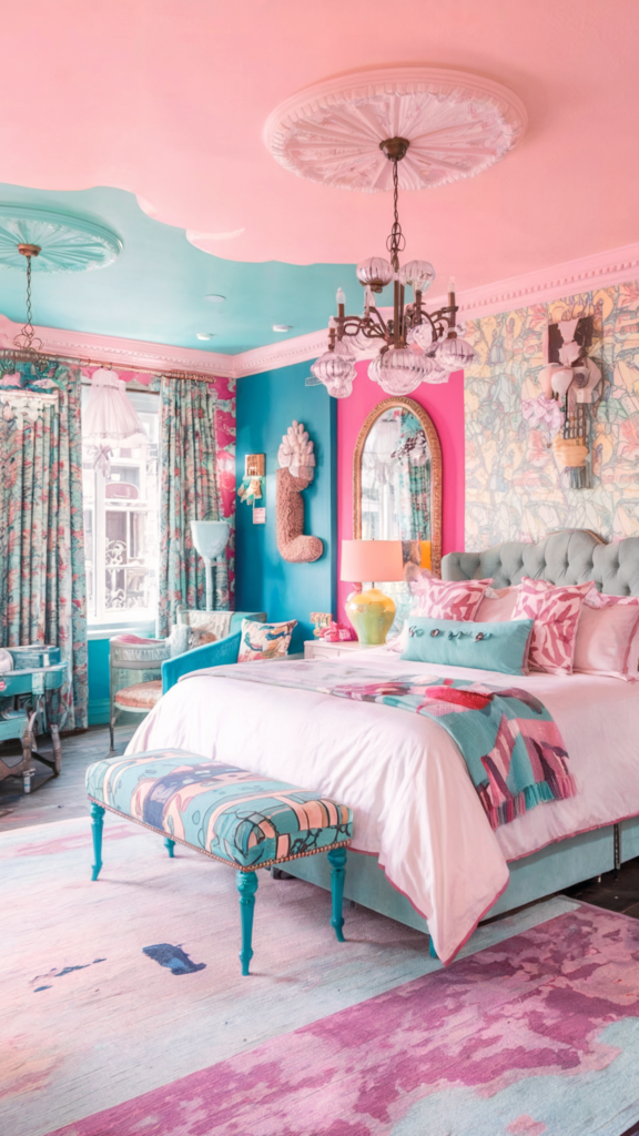 an eclectic maximalist bedroom with coastal and french cottage styles