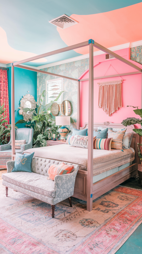 an eclectic maximalist bedroom with coastal and french cottage styles