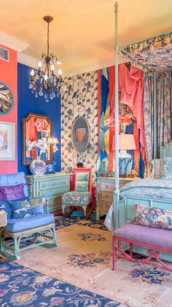 an eclectic maximalist bedroom with coastal and french cottage styles