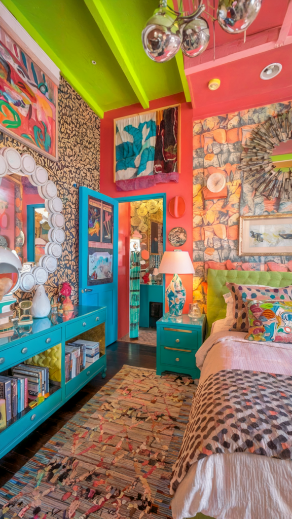 an eclectic maximalist bedroom with coastal and french cottage styles